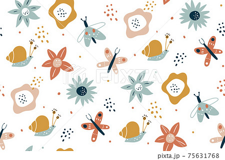 Floral seamless pattern with butterflies, hand drawn vector design. Seamless fashion trendy fabric texture. Vector wallpaper. Illustration of seamless textile background. summer flowers. 75631768