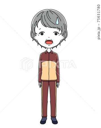 困った表情のジャージ姿のおばあちゃんの全身イラスト 75631780