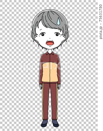 困った表情のジャージ姿のおばあちゃんの全身イラスト 75631780