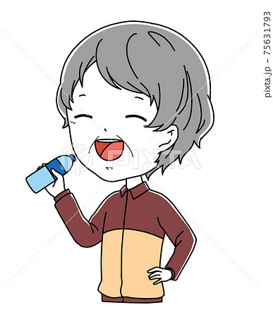 水のボトルを持った笑顔のジャージ姿のおばあちゃんの上半身のイラストのイラスト素材