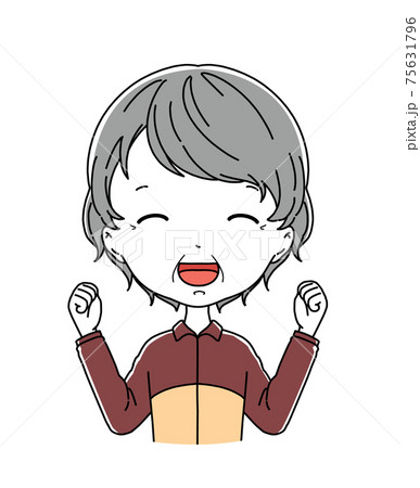 両手でガッツポーズをしているジャージ姿のおばあちゃんの上半身のイラストのイラスト素材