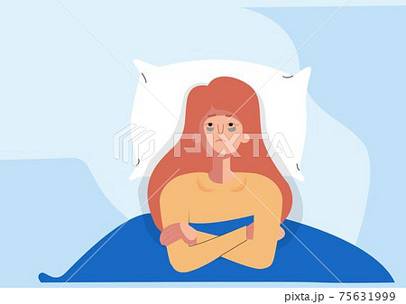 Sleepless girl suffers from insomnia. Woman in bed with open eyes in darkness night room. Flat cartoon style vector illustration. Sleepless girl suffers from insomnia. Woman in bed with open eyes in darkness night room. Flat cartoon style vector illustration. 75631999