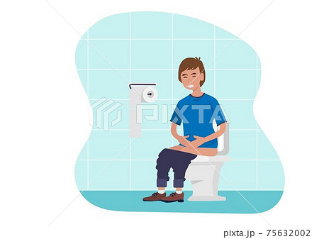 Man sitting in the toilet, suffering of diarrhea and abdominal pain, stomach, internal organs, 75632002