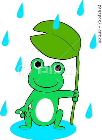 雨が降っていて葉っぱの傘をさしたカエルのイラスト素材