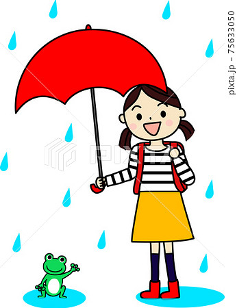 雨の日にカエルに傘をさしてあげる女の子のイラスト素材
