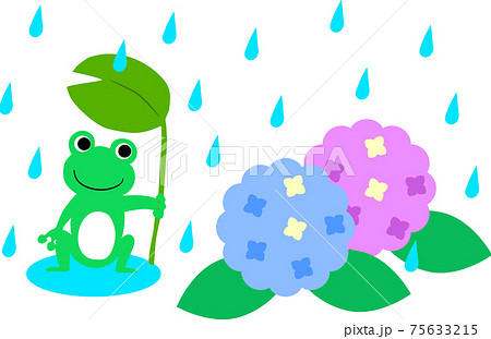 雨の中葉っぱの傘をさしてアジサイを見つめるカエルのイラスト素材