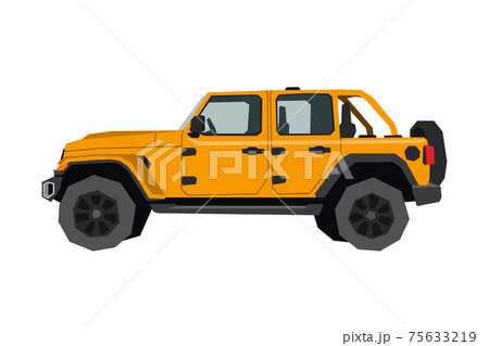 Nursery pickup drawing. Off road car in cartoon style. Isolated vehicle art for kids bedroom decor. Side view of SUV. Orange truck for toddler wall art 75633219