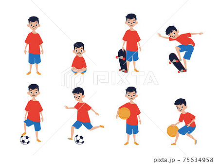 イラスト素材　スポーツをする男の子　スケートボード　バスケ　サッカー 75634958