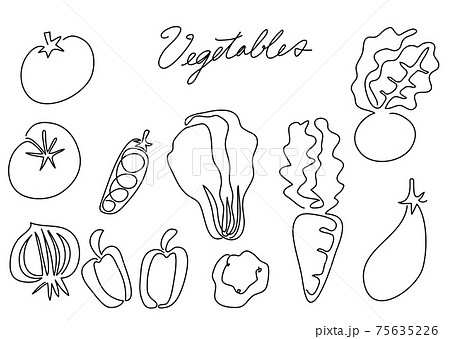 一筆書き 野菜02 白黒 モノクロ トマト ピーマン かぶ 人参 などのイラスト素材
