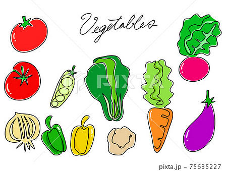 一筆書き 野菜02 カラー トマト ピーマン かぶ 人参 などのイラスト素材