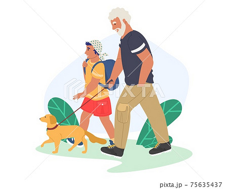 Grandfather walking with grandson and dog in the park, flat vector illustration. Grandparent grandchild relationships. 75635437
