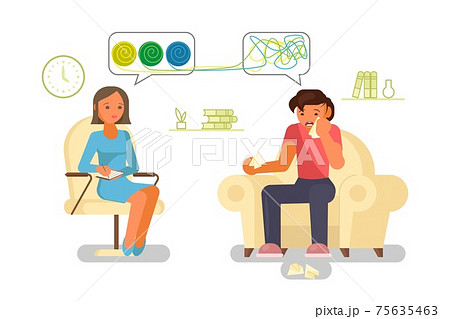 Doctor psychologist talking to crying patient, flat vector illustration. Personal psychotherapy session, mental health. 75635463