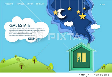 Real estate landing page design, website banner template. Vector illustration in paper art style. 75635464