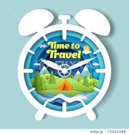 Time to travel vector poster banner design template. Paper cut clock with tourist tent on river bank. Summer camping. Time to travel vector poster banner design template. Paper cut clock with tourist tent on river bank. Summer camping. 75635468
