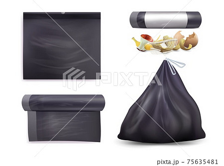 Black trash bag mockup set, vector isolated illustration. Kitchen food waste bags, bin liners. Black trash bag mockup set, vector isolated illustration. Kitchen food waste bags, bin liners. 75635481