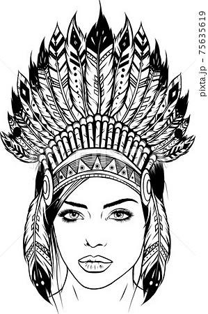 draw in black and white of Beautiful girl in a headdress of North American Indians. 75635619