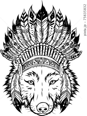 draw in black and white of indian wolf with feathers hat vector illustration 75635832