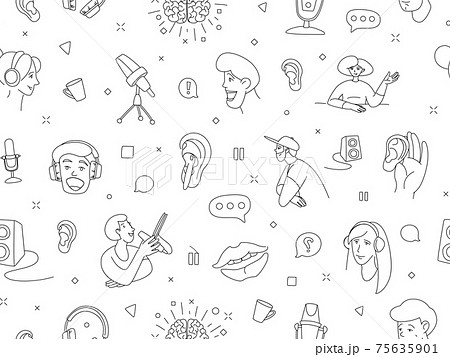 Radio host flat vector illustration seamless pattern. Media doodle drawing. 75635901