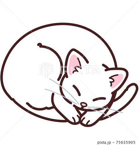 丸まって眠るシンプルで可愛い白猫のイラスト 主線ありのイラスト素材