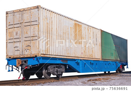 A 80-fts Idler flatcars with a two of intermodal 40-fts long containers isolated on the white background. A 80-fts Idler flatcars with a two of intermodal 40-fts long containers isolated on the white background. 75636691