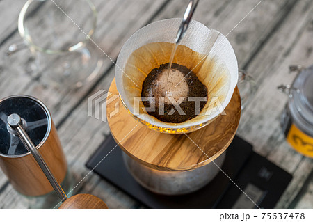 珈琲 ペーパードリップ HARIO V60 耐熱ガラスドリッパー オリーブウッド 抽出中 ドーム形成 珈琲 ペーパードリップ HARIO V60 耐熱ガラスドリッパー オリーブウッド 抽出中 ドーム形成 75637478