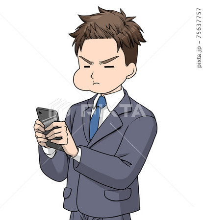 膨れ顔で黒いスマートホンを見るスーツの男性 75637757