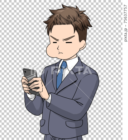 膨れ顔で黒いスマートホンを見るスーツの男性 75637757