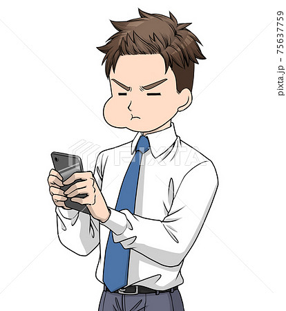 膨れ顔で黒いスマートホンを見るワイシャツにネクタイをした男性 のイラスト素材