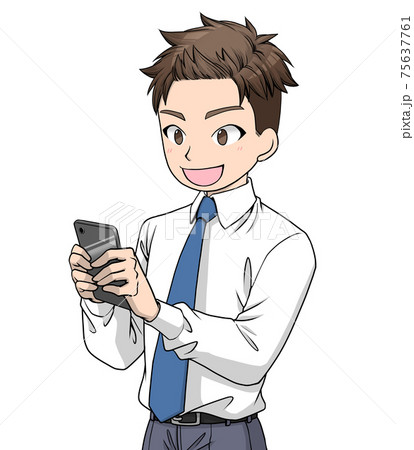 笑顔で黒いスマートホンを見るワイシャツにネクタイをした男性	 75637761