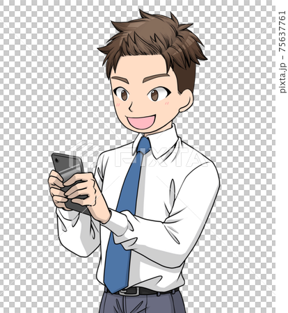 笑顔で黒いスマートホンを見るワイシャツにネクタイをした男性	 75637761
