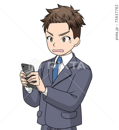 困り顔で黒いスマートホンを見るスーツの男性	 75637762