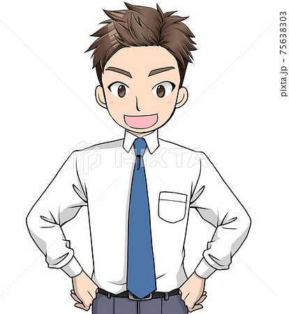腰に手を当てて笑顔で会話するワイシャツにネクタイをした男性 のイラスト素材
