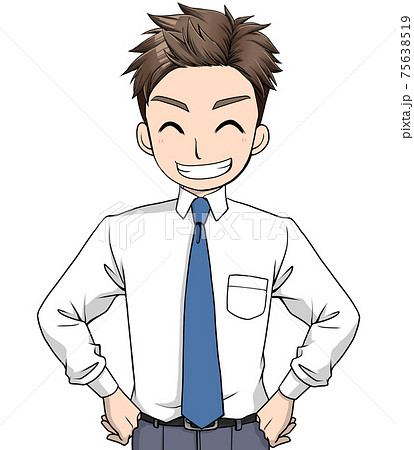 腰に手を当てて笑顔で歯を見せて笑うワイシャツにネクタイをした男性 のイラスト素材