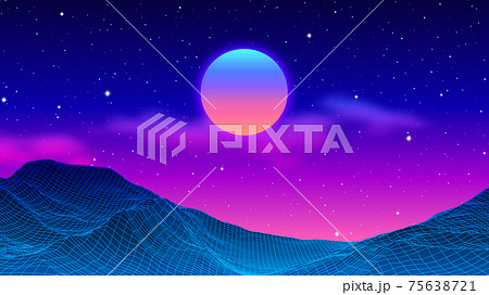 80s synthwave styled landscape with blue grid mountains peak and sun with clouds. 75638721