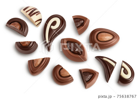Chocolate candy isolated on white background with clipping path and full depth of field. Top view. Flat lay. Set or collection 75638767