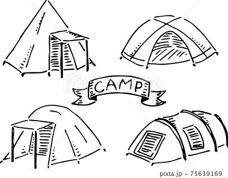 キャンプ道具のテント形違い4種類 白黒 のイラスト素材