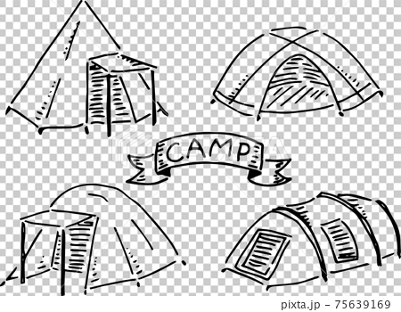 キャンプ道具のテント形違い4種類 白黒 のイラスト素材