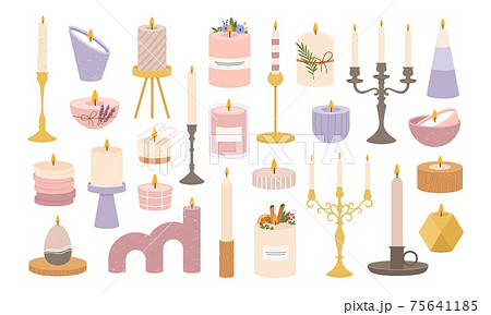Candles in candlesticks. Vintage old candelabras and modern candlestick. Decorative burning candle in holder. Candlelight flame vector set 75641185