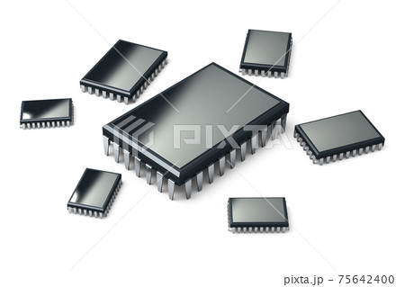 Different microchips isolated on white background. High resolution 3d render. Family of microchips. Generation of processors. 75642400