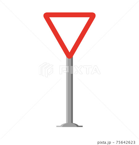 Triangular traffic signal in white and red, with stick and isolated on white background. Mandatory Give way. 75642623