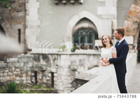 Sensual portrait of a young wedding couple. Outdoor 75643788