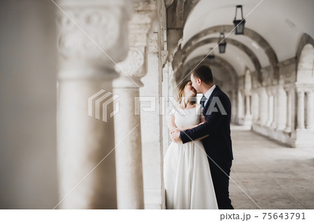 Beautiful bride and groom embracing and kissing on their wedding day outdoors 75643791