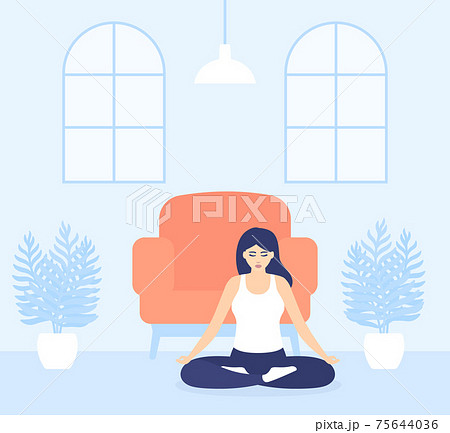 yoga exercise, girl meditates at home, vector yoga exercise, girl meditates at home, vector 75644036