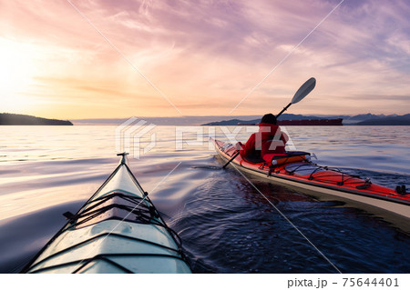 Adventurous Man Sea Kayaking in the Pacific Ocean. 75644401