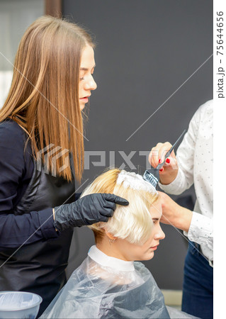 Two hairdressers dyeing hair of woman 75644656