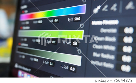 Color grading graph or RGB colour correction indicator on monitor in post production process. Telecine stage in video or film production processing. for colorist edit or adjust color on digital movie. 75644878