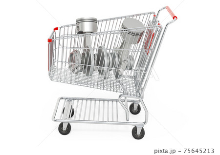 Shopping cart with engine pistons. 3D rendering 75645213