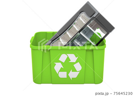 Recycling trashcan with refrigerated vitrine showcase, 3D rendering Recycling trashcan with refrigerated vitrine showcase, 3D rendering 75645230