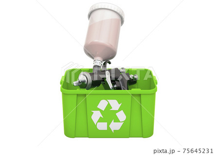 Recycling trashcan with painting spray gun, 3D rendering Recycling trashcan with painting spray gun, 3D rendering 75645231