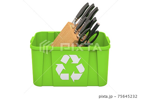 Recycling trashcan with kitchen knives, 3D rendering Recycling trashcan with kitchen knives, 3D rendering 75645232